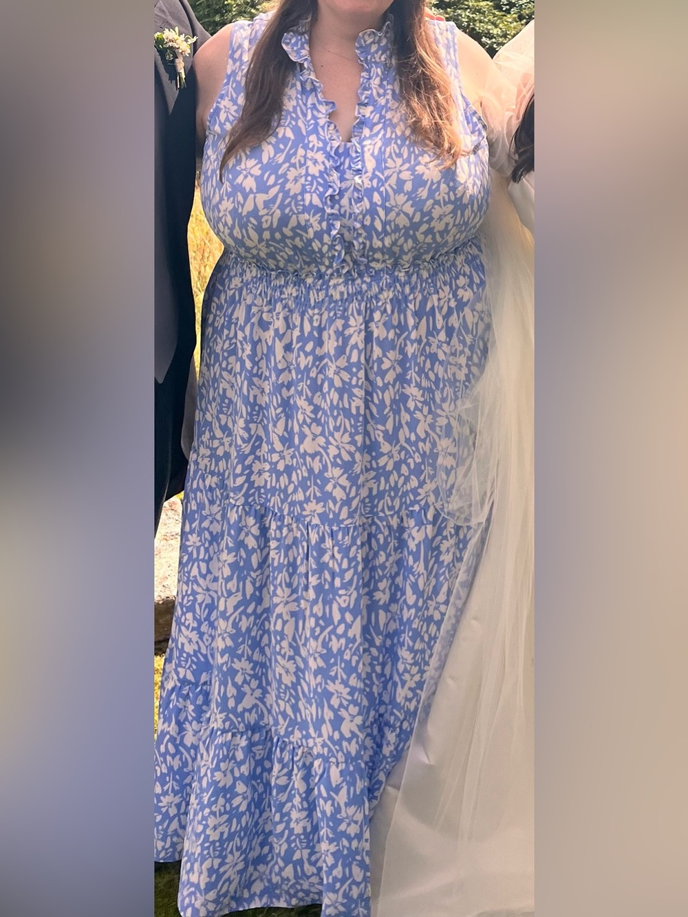 London Times Floral Ruffle Tiered Sleeveless Maxi Dress